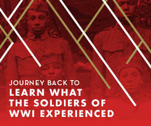 A red and white poster with the words " journey back to learn what the soldiers of wwi experienced ".