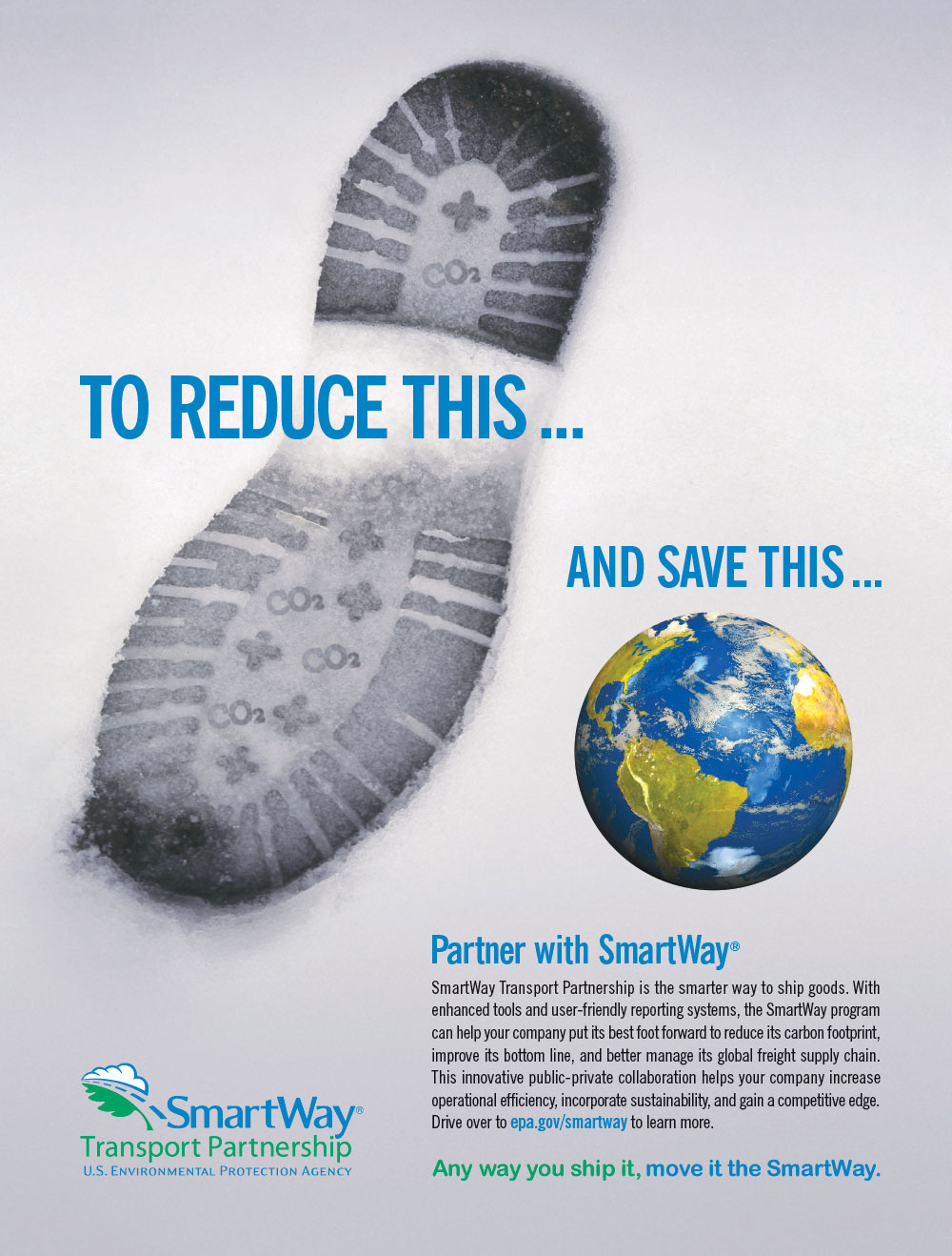 A poster with an image of a shoe print and the earth.