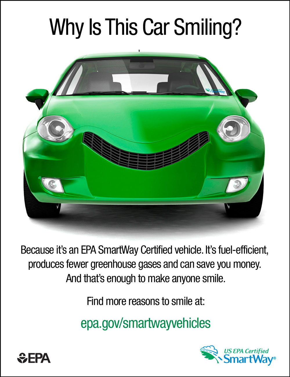 A green car with a smiley face on it.