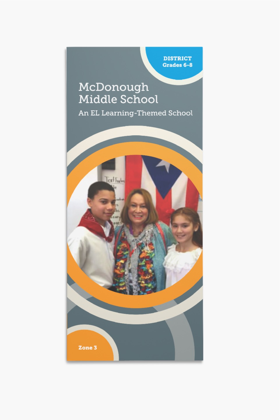 A brochure with three people in front of an american flag.